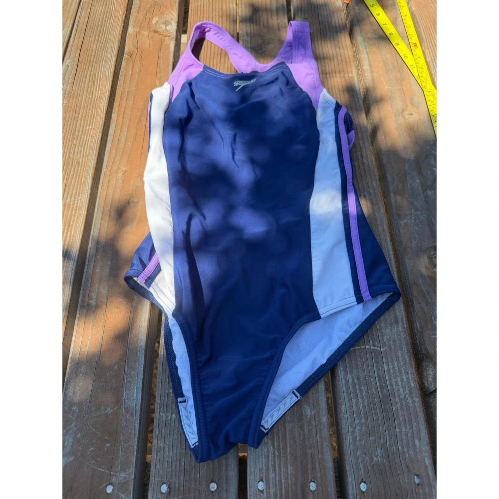 Speedo Girls One Piece Swimsuit Size 16 Navy Purple White Racerback Swimwear